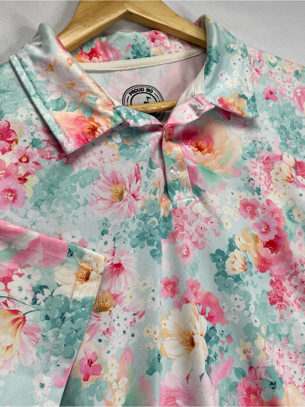 Proud 90 Golf Polo Mens M Floral Performance Stretch Multicolor White Flower AOP